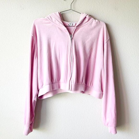 H&M Pink Velour Cropped Hoodie Jacket Women's XXL - Picture 1 of 4